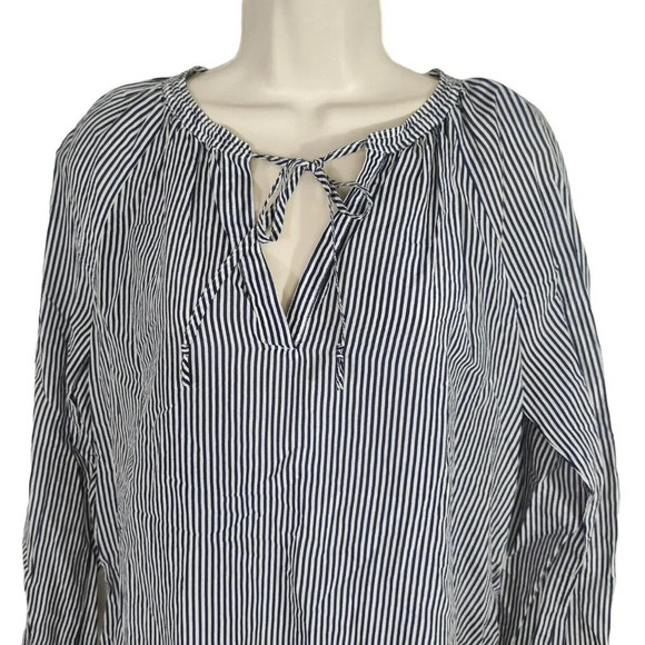 J Crew Blue Stripe Top Women Size 6 Long Sleeve Tie Neckline Nautical Semi-sheer - Picture 2 of 9
